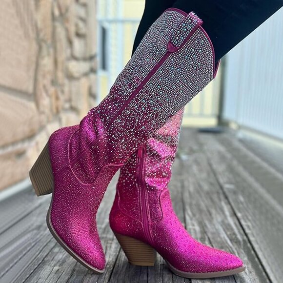 Shoes - NEW🔥 Fuchsia Pink Multi Rhinestone Western Cowgirl Boot Mid-Calf Block Heel Zip